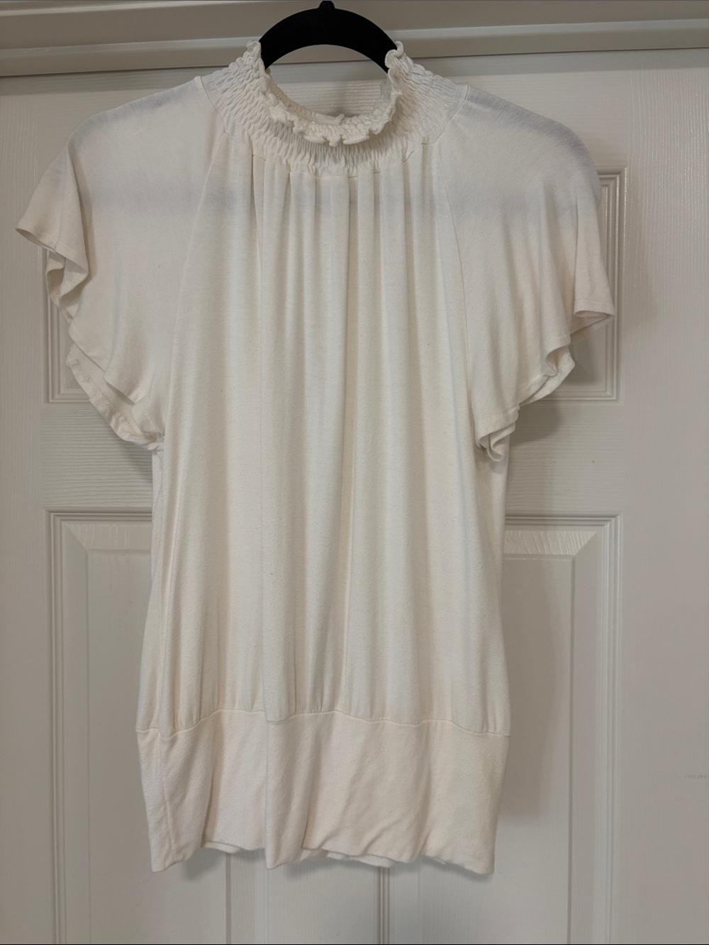 Women's Cream Smocked Neck Flutter Sleeve Top